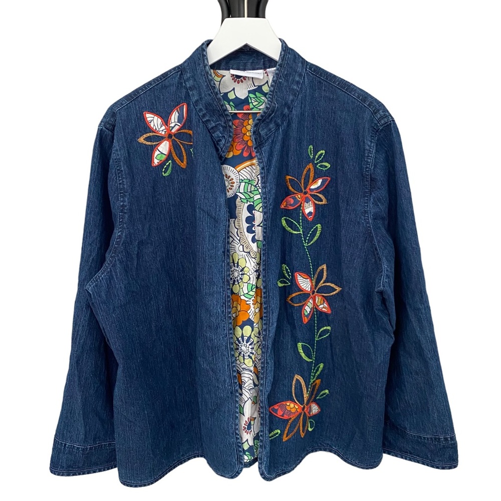 Alfred Dunner Women’s Embroidered Floral Open Front Denim Jacket Size 20